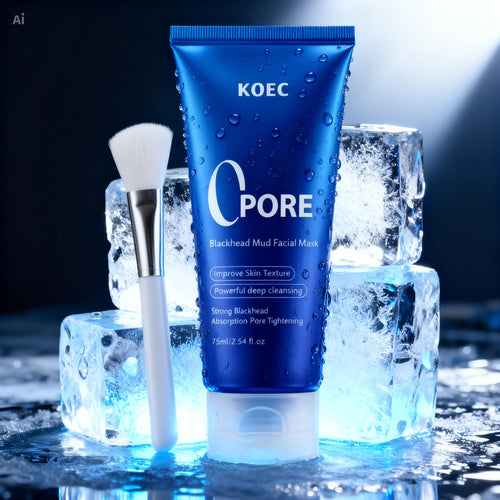 Blue tube of KOEC Pore Detox Blackhead Mud Mask with white text, alongside a white brush on ice cubes, dark background.