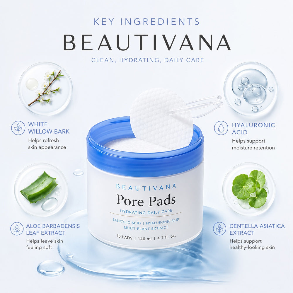 Beautivana Pore Pads with hyaluronic acid and botanicals, perfect hydrating toner pads for refreshed skin.