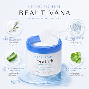 Beautivana Pore Pads with hyaluronic acid and botanicals, perfect hydrating toner pads for refreshed skin.