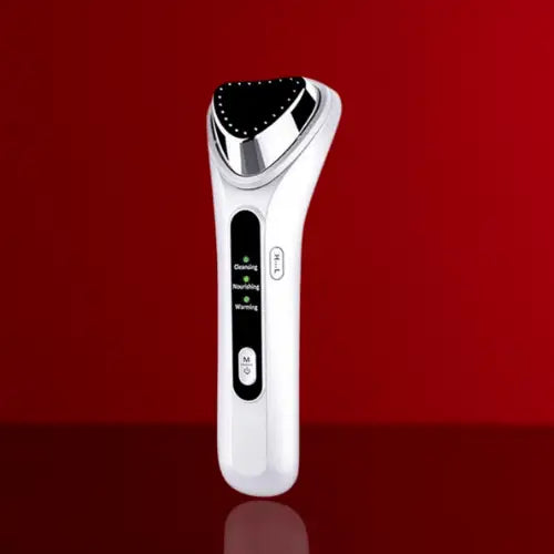 "White ultrasonic skin rejuvenation device with silver accents and control buttons, angled view on red background"
