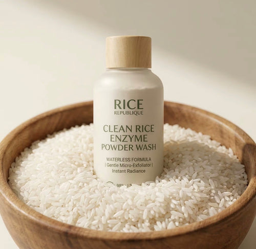 Rice Republique enzyme powder facial wash displayed with rice grains