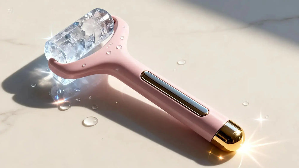 "Pink ice roller with transparent gel head, gold accents, resting on a marble surface with water droplets."