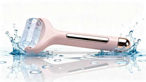 "Pink ice roller with a clear gel head and silver accents, lying on a reflective surface with splashes of water."