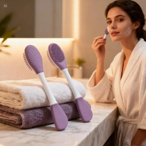 Double-ended silicone exfoliating brush in lavender and white on a marble countertop, with towels and a model applying it.