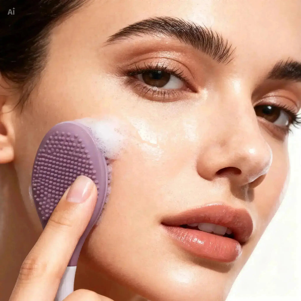 "Purple double-ended silicone exfoliating brush held against a woman's cheek with cleansing foam, close-up view."