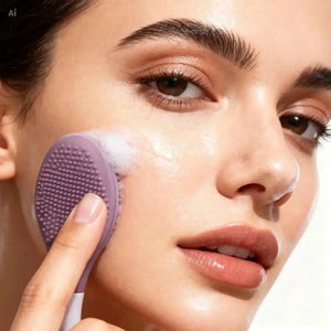"Purple double-ended silicone exfoliating brush held against a woman's cheek with cleansing foam, close-up view."