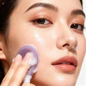 "Double-ended silicone exfoliating brush in use on a woman's cheek, showing soft bristles and a lavender color."