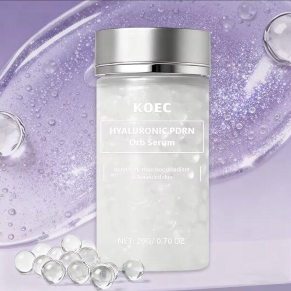 KOEC Hyaluronic PDRN Orb Serum hydrating skincare serum in frosted glass jar with silver lid on purple background.